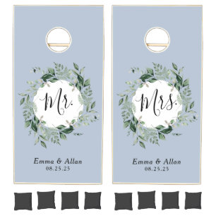 Dusty blue wreath greenery wedding activity cornhole set