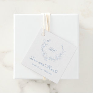 Dusty Blue Wreath Monogram Elegant Wedding Favor Tags