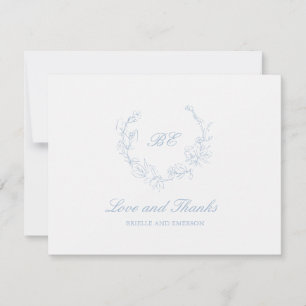 Dusty Blue Wreath Monogram Elegant Wedding Thank You Card