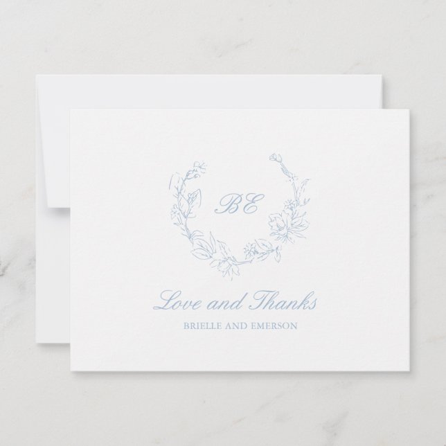 Dusty Blue Wreath Monogram Elegant Wedding Thank You Card (Front)