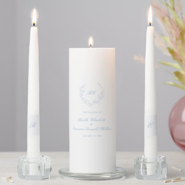 Dusty Blue Wreath Monogram Elegant Wedding Unity Candle Set (In Situ)
