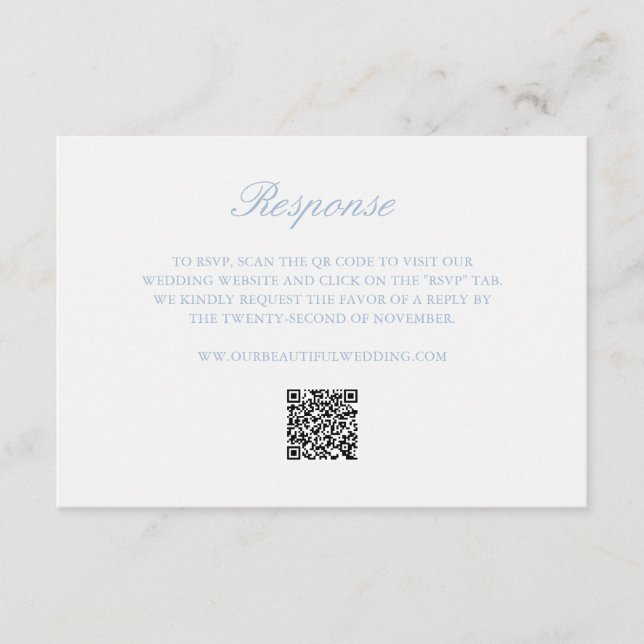 Dusty Blue Wreath Monogram QR Code Elegant Wedding RSVP Card (Front)
