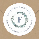 Dusty Blue Wreath Monogram Return Address Classic Round Sticker<br><div class="desc">Custom printed return address labels personalized with your monogram initial in a watercolor wreath of greenery. Personalize the template with your name and return address. Use the design tools to customize the fonts and colors or upload your own photos.</div>