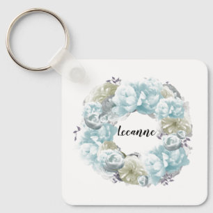 Dusty Blue Wreath  Personalized Keychain
