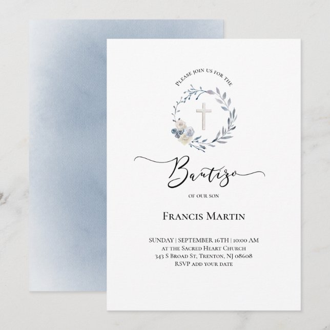 dusty blue wreath watercolor Bautizo Invitation (Front/Back)