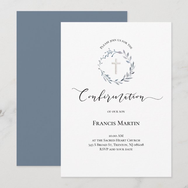 dusty blue wreath watercolor Confirmation Invitation (Front/Back)