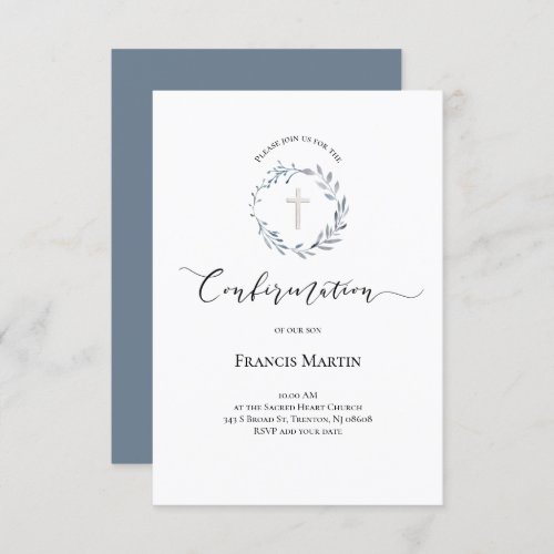 dusty blue wreath watercolor Confirmation Invitation