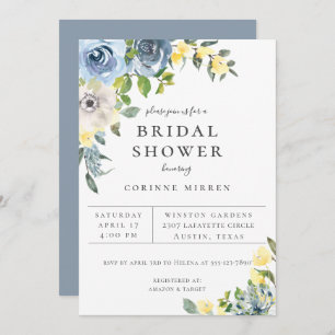 Dusty Blue Yellow Botanical Floral Bridal Shower Announcement