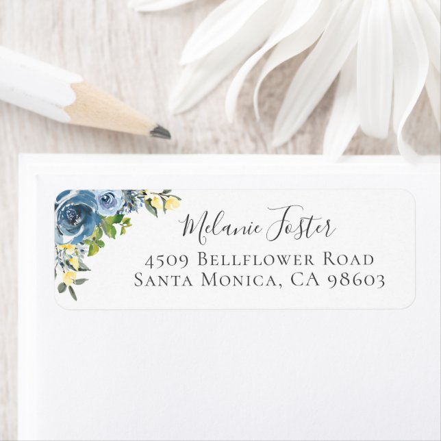 Dusty Blue Yellow Botanical Floral Return Address Label (Insitu)