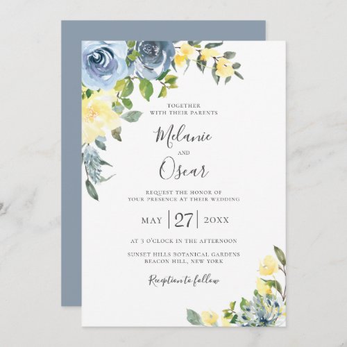 Dusty Blue  Yellow Botanical Floral Wedding Invitation