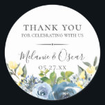 Dusty Blue Yellow Botanical Wedding Favor Classic Round Sticker<br><div class="desc">Chic dusty blue and yellow watercolor flowers with delicate green botanical branches,  personalized wedding favor sticker.</div>