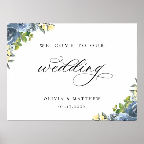 Dusty Blue Yellow Botanical Wedding Welcome Poster