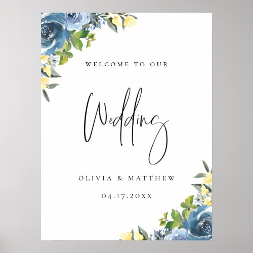 Dusty Blue Yellow Botanical Wedding Welcome Poster