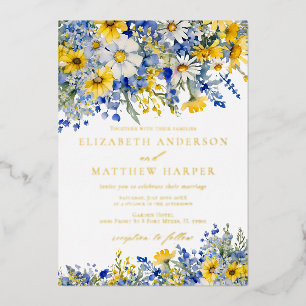 Dusty Blue Yellow Daisy Wildflowers Boho Wedding Foil Invitation