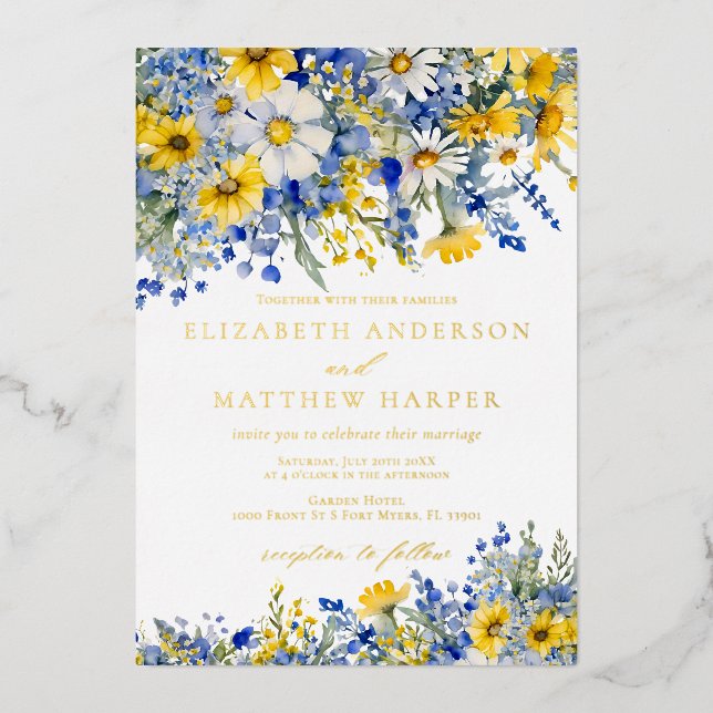 Dusty Blue Yellow Daisy Wildflowers Boho Wedding Foil Invitation (Front)