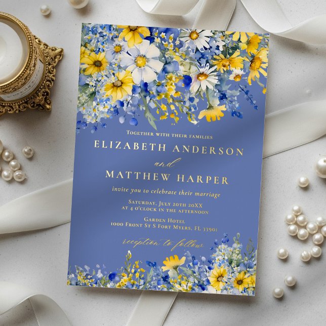 Dusty Blue Yellow Daisy Wildflowers Boho Wedding Foil Invitation (Creator Uploaded)