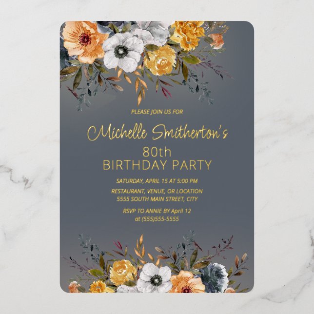 Dusty Blue Yellow Floral 80th Birthday Foil Invitation (Front)