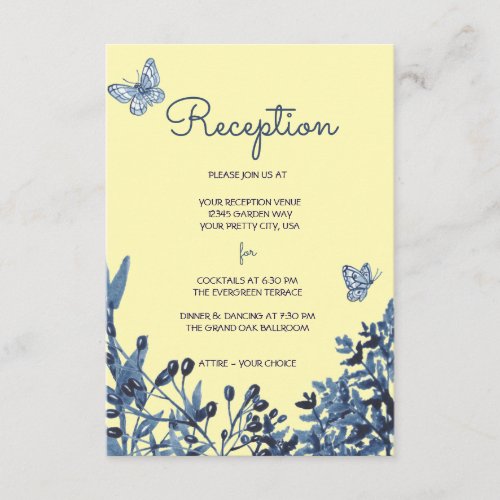 Dusty Blue Yellow Floral Art Wedding Reception Enclosure Card