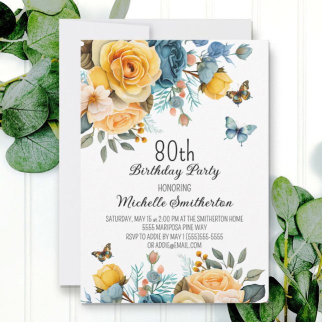 Dusty Blue Yellow Floral Butterflies 80th Birthday Invitation (Creator Uploaded)