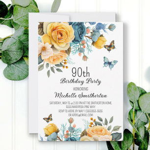 Dusty Blue Yellow Floral Butterflies 90th Birthday Invitation