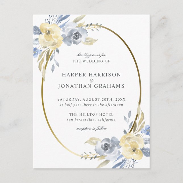 Dusty Blue & Yellow Floral Oval | Elegant Wedding Invitation Postcard (Front)