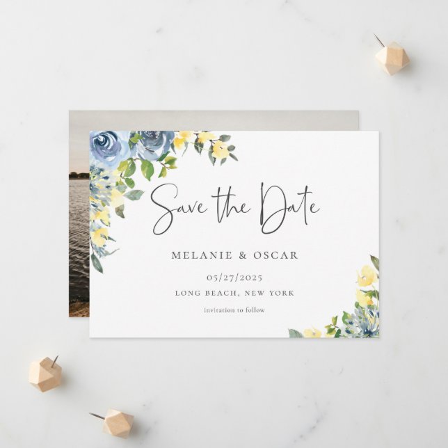 Dusty Blue Yellow Floral Photo Save the Date Announcement (Front/Back In Situ)