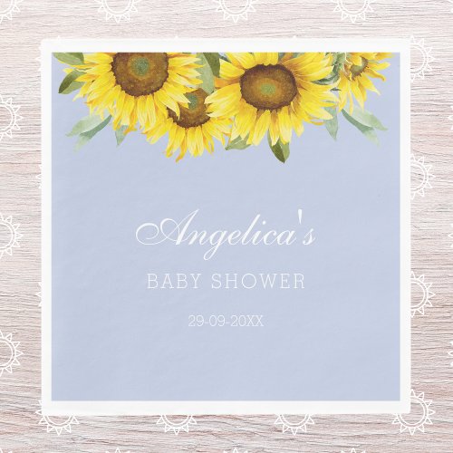 Dusty Blue Yellow Floral Sunflower Baby Shower Napkins