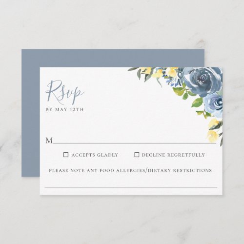 Dusty Blue Yellow Floral Wedding Food Allergy RSVP