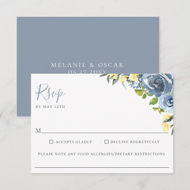 Dusty Blue Yellow Floral Wedding Food Allergy RSVP Card (Front/Back)