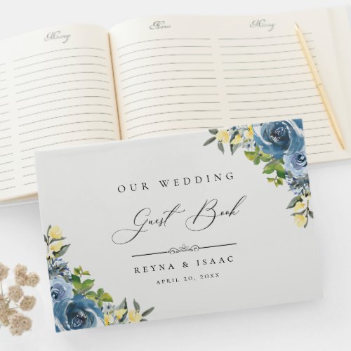 Dusty Blue Yellow Floral Wedding Guest Book