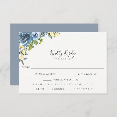 Dusty Blue Yellow Floral Wedding RSVP Meal Choice