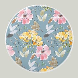 Dusty Blue Yellow Flowers Pink Floral Pattern Ceramic Knob
