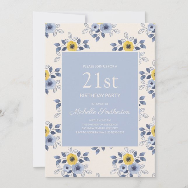Dusty Blue Yellow Flowers White 21st Birthday Invitation (Front)