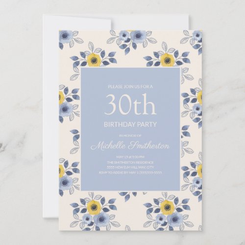 Dusty Blue Yellow Flowers White 30th Birthday Invitation