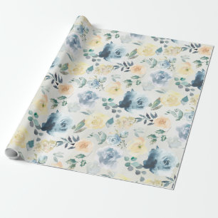 Dusty Blue & Yellow Peony Eucalyptus Floral Garden Wrapping Paper