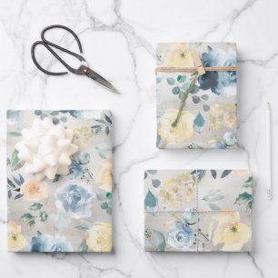 Dusty Blue & Yellow Peony Eucalyptus Floral Garden Wrapping Paper Sheets