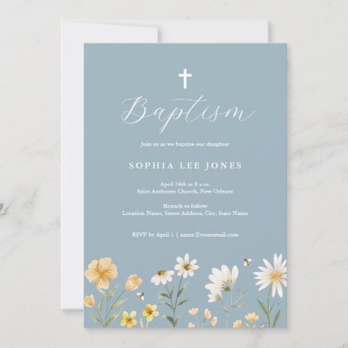 Dusty Blue Yellow Spring Floral Baptism Invitation