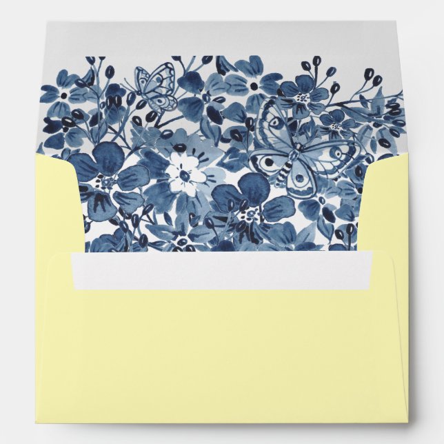 Dusty Blue Yellow Watercolor Floral Lined Wedding Envelope (Back (Bottom))