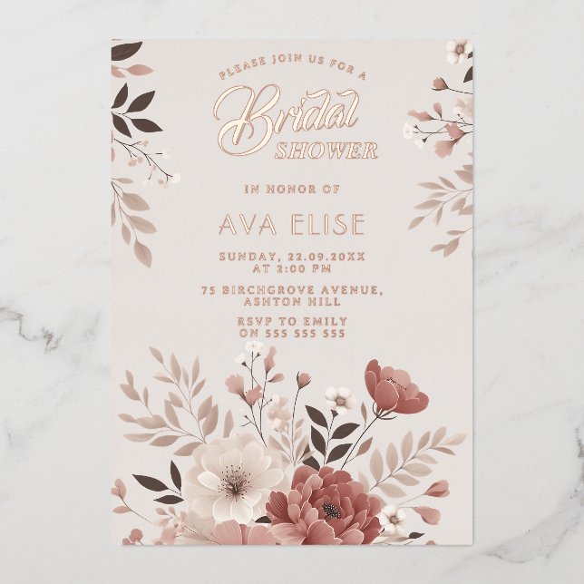 Dusty Blush Floral Bridal Shower Foil Invitation (Front)