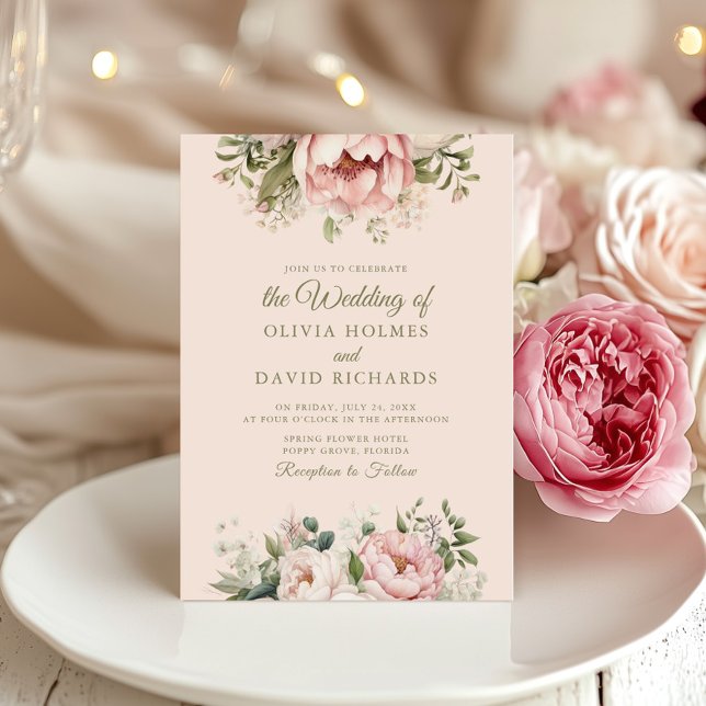 Dusty Blush Floral Wedding Invitation (Soft Peach and Blush Pink Floral Wedding Invitation on an elegant wedding table with peonies)
