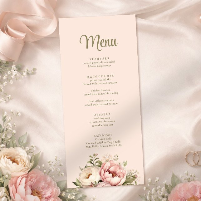 Dusty Blush Floral Wedding Menu (Dusty Blush Floral Wedding Menu on a soft silk with blush and pink peonies)