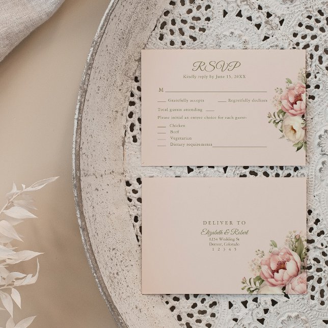 Dusty Blush Floral Wedding RSVP Card (Pale Peach and Dusty Rose Floral Wedding RSVP Card on boho lux wedding table.)