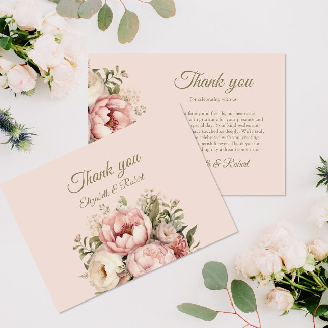 Dusty Blush Floral Wedding Thank You Card (Romantic Peach and Blush Pink Floral Wedding Thank You Card on a table with pale pink flowers.)