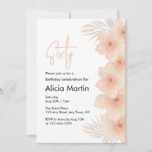 Dusty Blush Flower Brown Palm Leaf Birthday Invitation