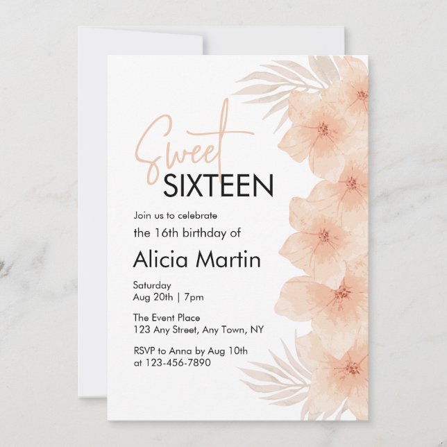 Dusty Blush Flower Dry Palm Leaf Boho Sweet 16 Invitation (Front)