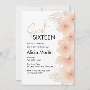 Dusty Blush Flower Dry Palm Leaf Boho Sweet 16 Invitation