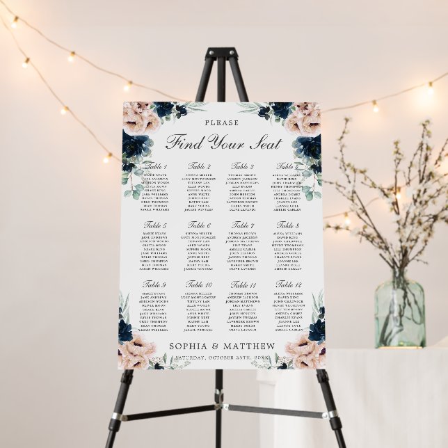 Dusty Blush Navy Blue Floral Wedding Seating Chart Foam Board (In Situ (Stand))