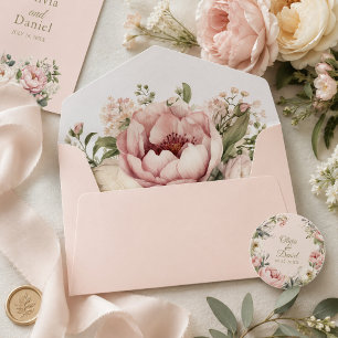 Dusty Blush Peony Floral Lined Wedding Envelope