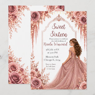 Dusty Blush Pink and Gold Floral Sweet Sixteen Invitation