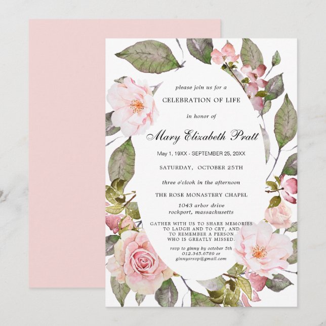 Dusty Blush Pink Floral Celebration of Life Invita Invitation (Front/Back)